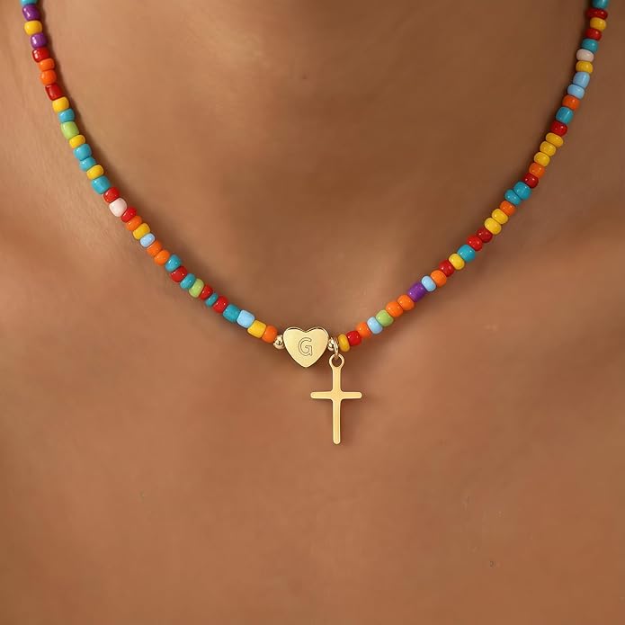 Colorful Initial Cross Necklace for Girls Women Kids - Teen Girls Gifts Trendy Stuff Beaded Letter Cross Choker Necklace for Girls Gifts Jewelry