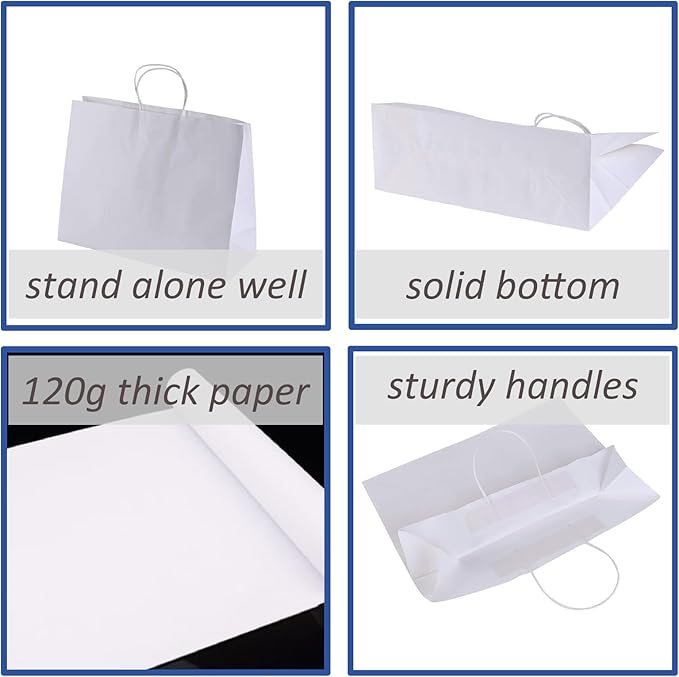 70Pcs White Paper Bags with Handles 16x6x12 inch, Large Recycled Kraft Paper Bags Bulk for Shopping, Wedding,Business, Retail, Boutique, Party, Grocery, Party Favor