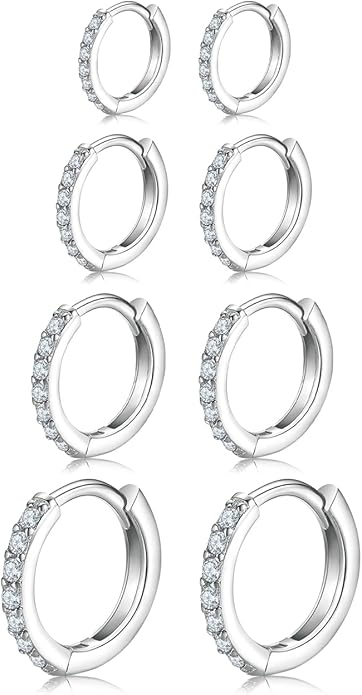 925 Sterling Silver Small Hoop Earrings Cubic Zirconia Huggie Hoop Earrings, 3 Pairs 14K White Gold Plated Cartilage Piercing Earrings Ear Cuff Tiny Hoop Earrings for Women Men