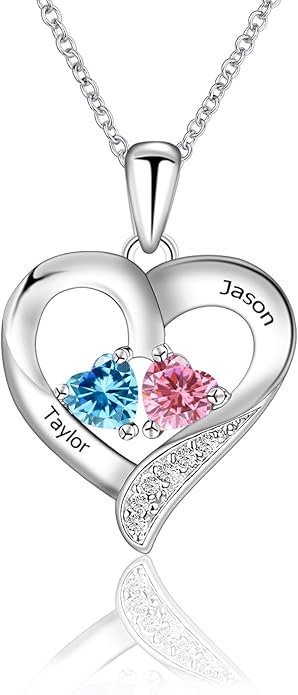 MissNaNa Sterling Silver Personalized 2 Names Heart Necklace with 2 Birthstone Couple I Love You Heart Pendant Necklace Jewelry Gift for Her Wife Girlfriend Mom