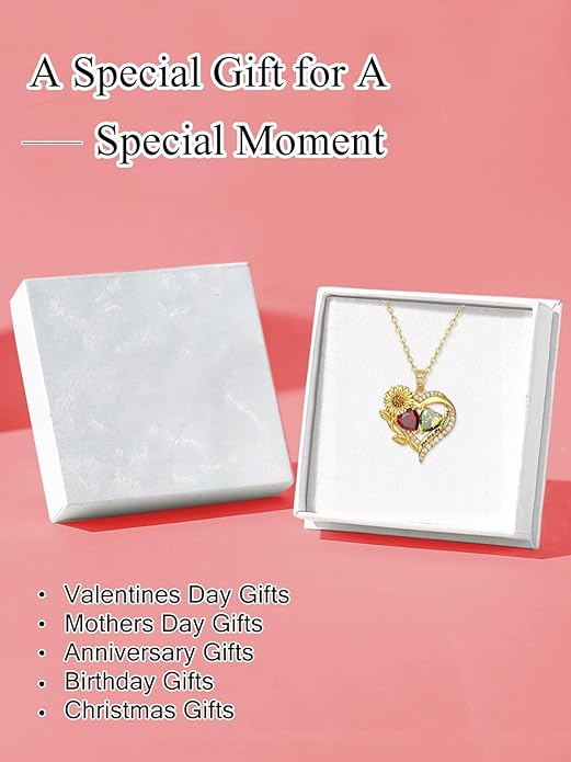 Sunflower Heart Necklace for Women 14K Gold Exquisite Valentines Day Anniversary Birthday Gifts for Wife Mother Her Double Birthstone Pendant Jewelry‘You Are My Sunshine’