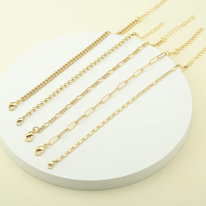 Gold Bracelets Set for Women Non Tarnish Trendy,14K Gold Plated Dainty Stackable Paperclip Cuban Link Chain Bracelets, Simple Cute Cuff Bracelets Jewelry Set Adjustable 7"+2"