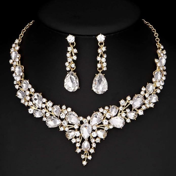 3/4 Pieces Women Jewelry Set Artificial Rhinestone Crystal Bride Statement Choker Necklace Tiara Crown Link Bangle Bracelet Teardrop Dangle Earrings Set