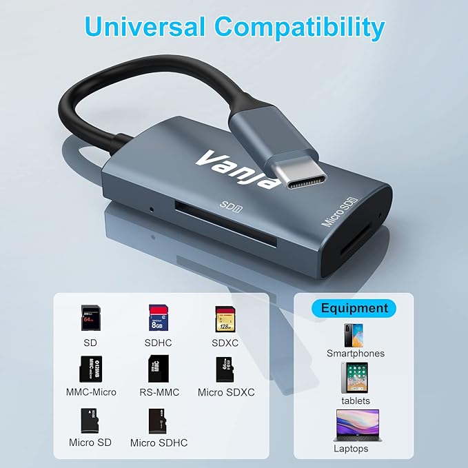 Vanja SD Card Reader USB C, High-Speed USB 3.0 Micro SD Card Adapter for SD SDXC SDHC MicroSD | Compatible with iPhone 17/16/15, MacBook Pro/Air, iPad Pro, Laptop, Galaxy Smartphones