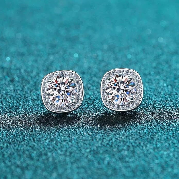 14K Gold 1/2 Carat Diamond Square Necklace & Stud Earrings Set, Micro-Pave Design Two-Piece Jewelry Set, Great for Women Birthday Gifts