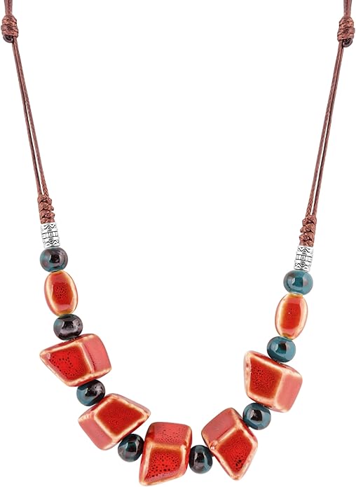 MINACHI Bohemian Hippie Colorful Ceramic Geometric Bead Strand Necklace, Vintage Boho Statement Jewelry Gift for Women