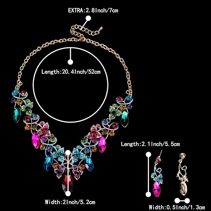 BriLove Women's Costume Fashion Crystal Floral Vine Leaf Statement Necklace Dangle Earrings Set
