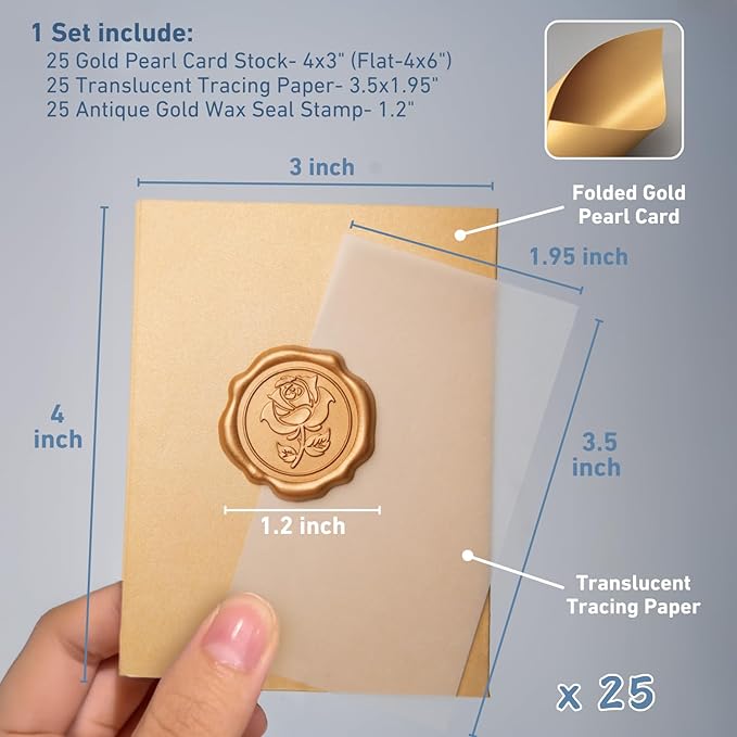 25 Pack Name Cards for Table Setting, Place Cards with Antique Gold Rose Wax Seal Sticker for Wedding, Table Tent Card Stock Handmade Decor for Party, Dinner, Home(Pearlized Gold)