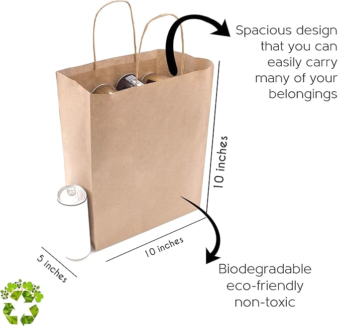 JET PAPER BAGS - 10”x5”x10” Inch [100 Pcs] Brown Paper Bags with Handles Prime for Takeout, Grocery, Goody, Retail, Party, Gifts, Weddings - Recyclable Kraft Paper Gift Bags with Handles