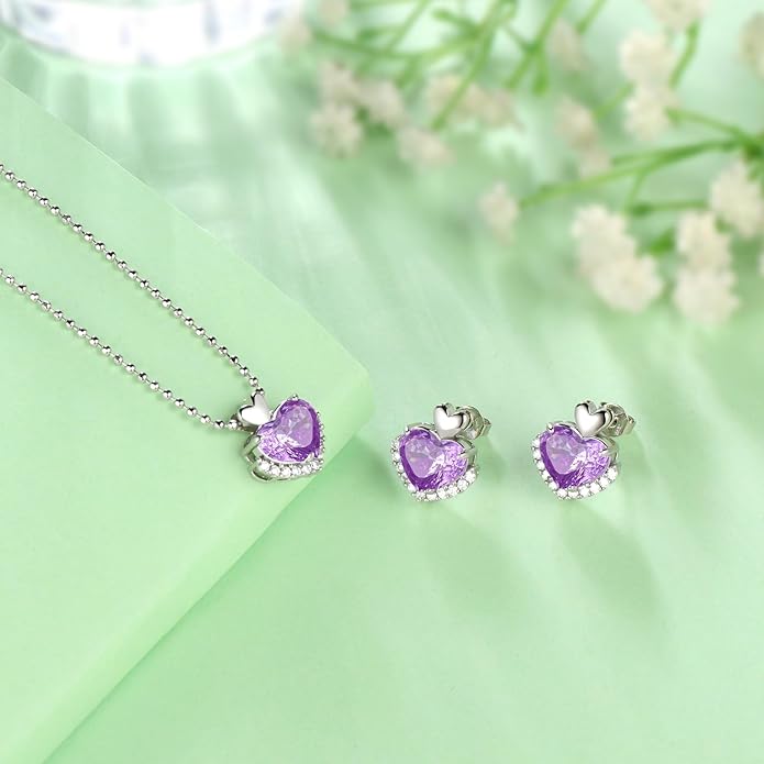 Love Heart Necklaces and Earrings with Rose Cut Birthstone Silver Plated Elegant Jewelry Set for Women CS0002