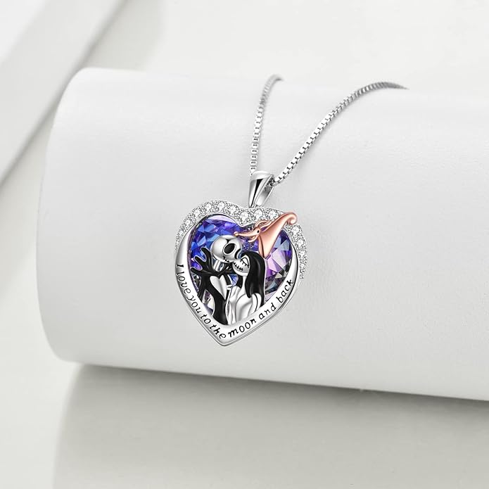 LILALO Nightmare Necklace Sterling Silver Abalone Shell Crystal Jack and Sally Necklace Jack Skellington Skull Jewelry Skull Necklaces for Women