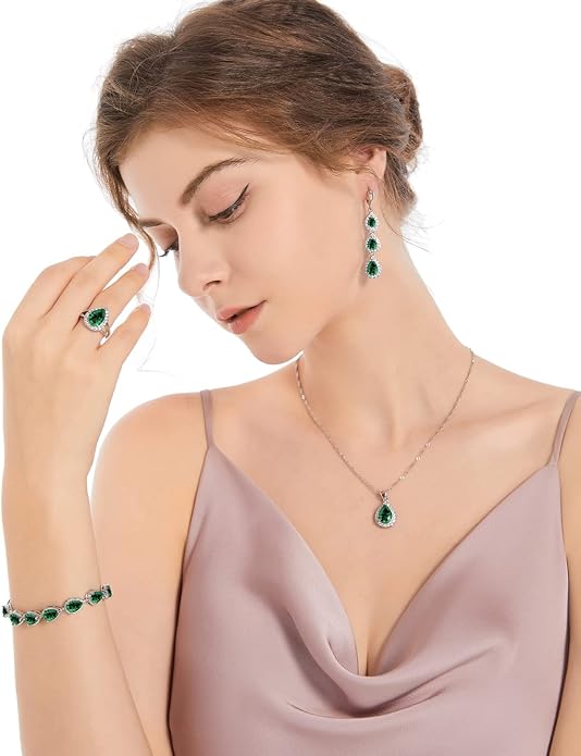 LMXXVJ Necklace Long Earrings Bracelet Set, White Gold Plated Created Blue Sapphire Jewelry Set Wedding Party Gift Jewelry for Women Bridal Bridesmaid