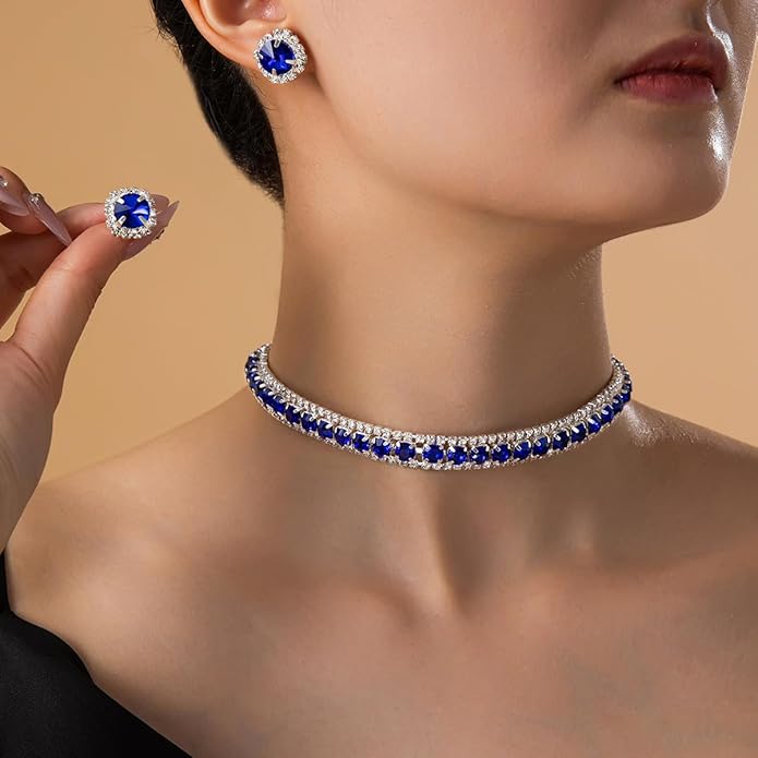 Women Rhinestone Crystal Jewelry Set Crystal Tennis Design Rhinestone Choker Necklace Link Bracelet Teardrop Earrings Set Wedding Bridal Bridesmaids Party