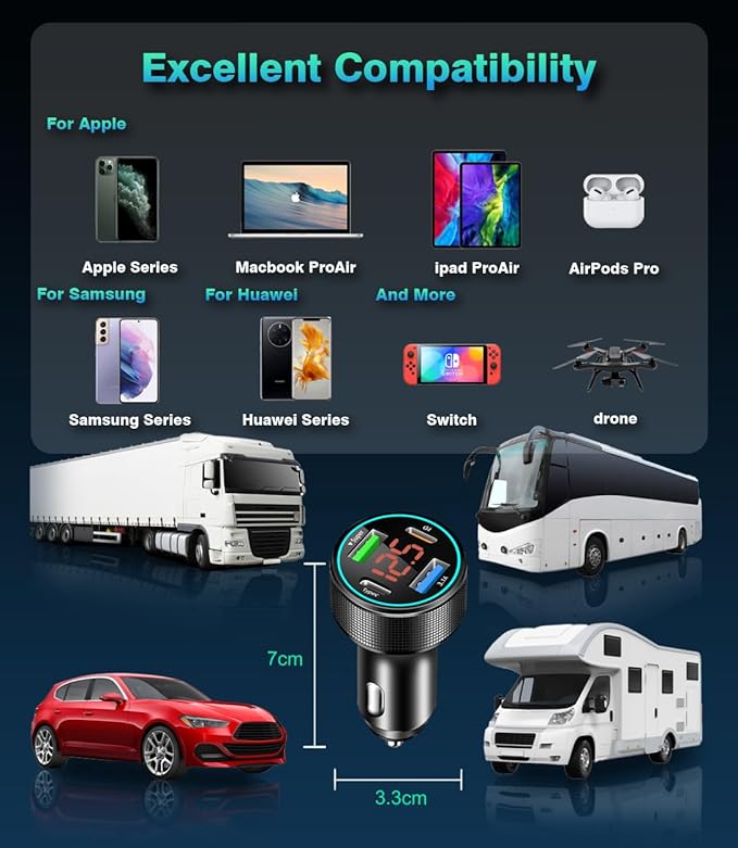 66W USB C Car Charger 4 Port Car Charger Adapter with 30W PD, 3.1A Aluminium Alloy Car Cigarette Lighter USB Charger with LED Voltmeter Compatible with Phone 15 14 13
