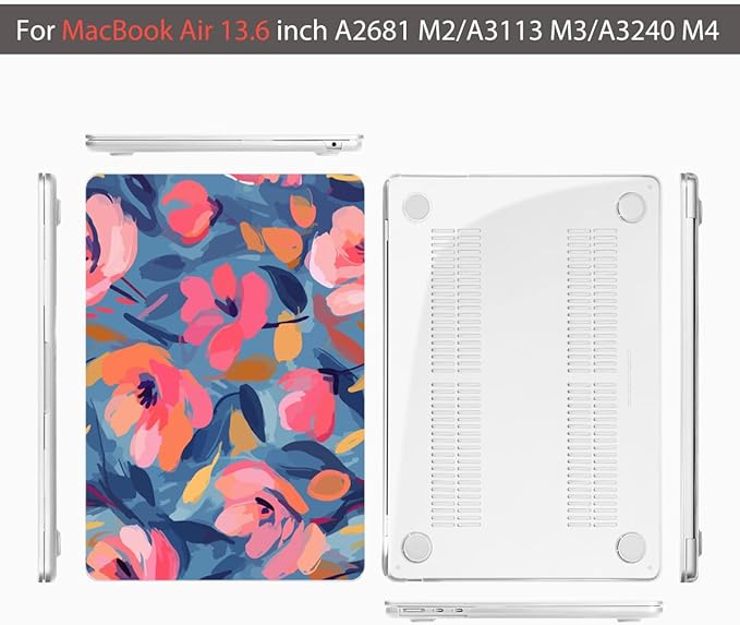 Teryeefi Compatible for 2022-2024 2025 MacBook Air 13.6 inch Case M4 A3240 / M3 A3113/ M2 A2681, Flowers Hard Shell Case&Keyboard Cover&Type C Adapter for MacBook Air M4 M3 M2, W-Abstract Pink Flower
