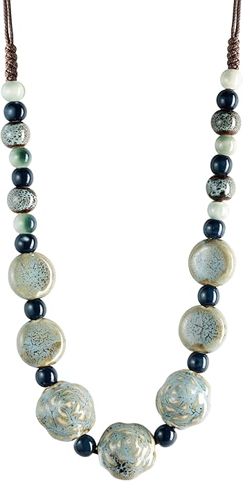 MINACHI Boho Hippie Round Ceramic Beads Strand Necklace, Vintage Bohemian Summer Beach Jewelry Gift for Women