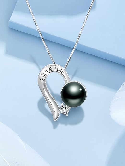 Tahitian Black Pearl 18K White Gold Plated Sterling Silver Heart/Infinity/Four Leaf Clover Pendant Necklace Jewelry Gifts for Women Wife Mom Girlfriend Wedding Birthday Anniversary Christmas