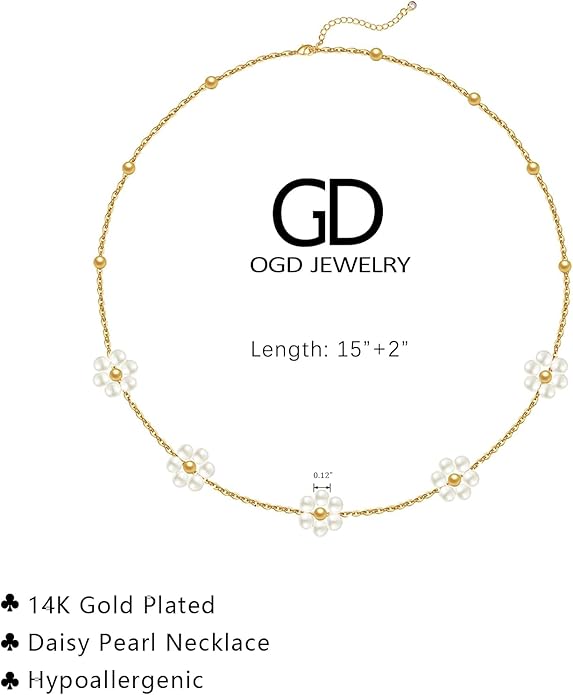OGD Gold Pearl Necklaces Set for Women 14K Gold Plated Dainty Layered Pearl Cute Daisy Pearl Choker Gold Necklace Gifts for Women Gold Trendy Jewelry Gifts