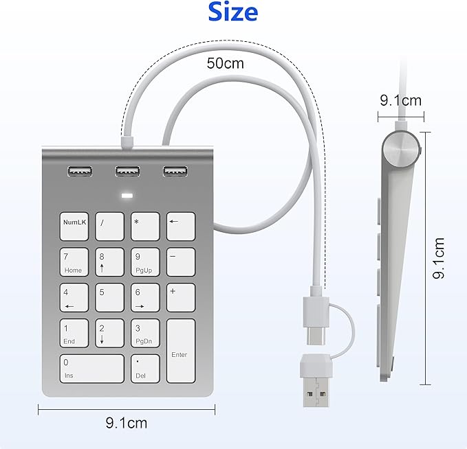 Wired USB C/A Number Pad - Numeric Keypad & Hub with 3 USB2.0 Ports - Portable Slim 18 Key Number Keypad Keyboard for Laptop PC Pad Surface MacBook, Wired Numeric Keypad with Type C & USB Cable 1.6Ft