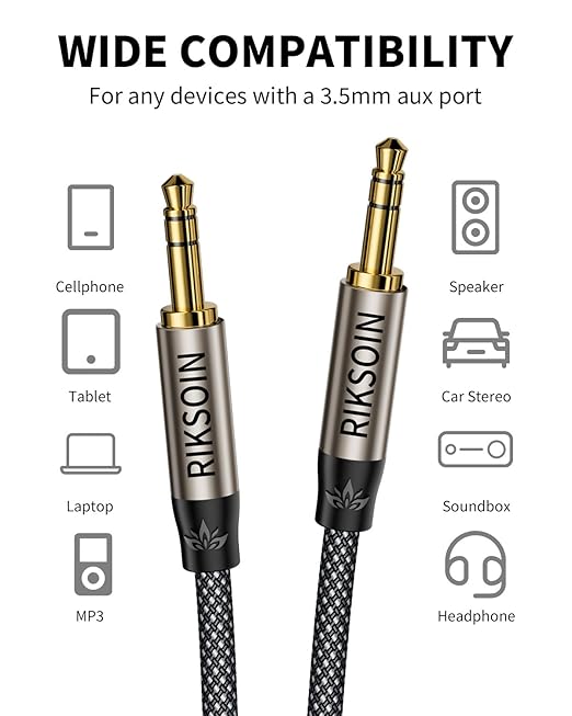 3.5mm Aux Cable 2FT/0.6m, Silver-Plated Wire Core Male to Male Cord for Headphones Car Home Stereos Speaker Compatible with iPhone iPad iPod Echo