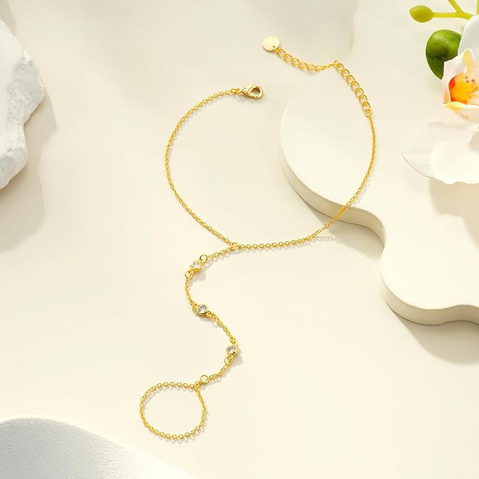 Gold Hand Chain for Women - Adjustable 14K Gold Plated Dainty Ring Bracelet Hand Chain Trendy Finger Ring Bracelet Hand Chains Stack Summer Jewelry for Women