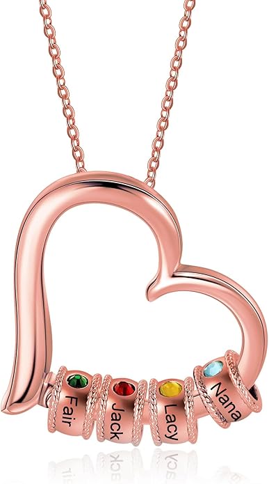 Personalized Women's Pendant Necklace 925 Sterling Silver with 1-5 Simulated Birthstone Names Customized Heart Shape Cubic Zirconia Necklace