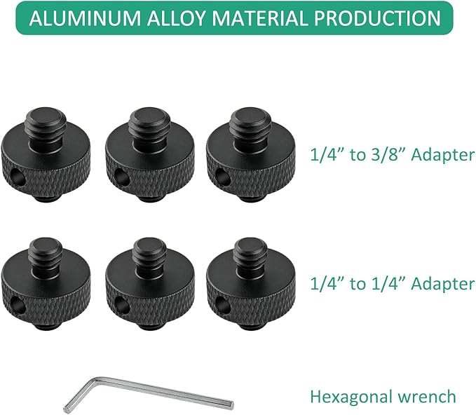 Camera Mount Screw 1/4" Male to 1/4" Male & 1/4" to 3/8" Tripod Screw Adapter with Hole 7 Pcs Set for Camera Tripod Mount Light Stand DSLR Equipped with Hex-L Key (Black)