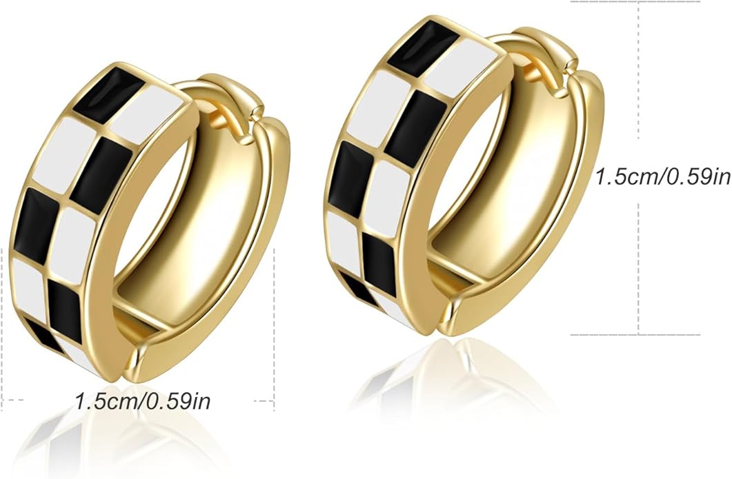 Chic Checker Small Hoop Cartilage Earrings Teacher Earrings for Women；White Black Enamel Hypoallergenic Hooped Gifts Gold and Silver tone
