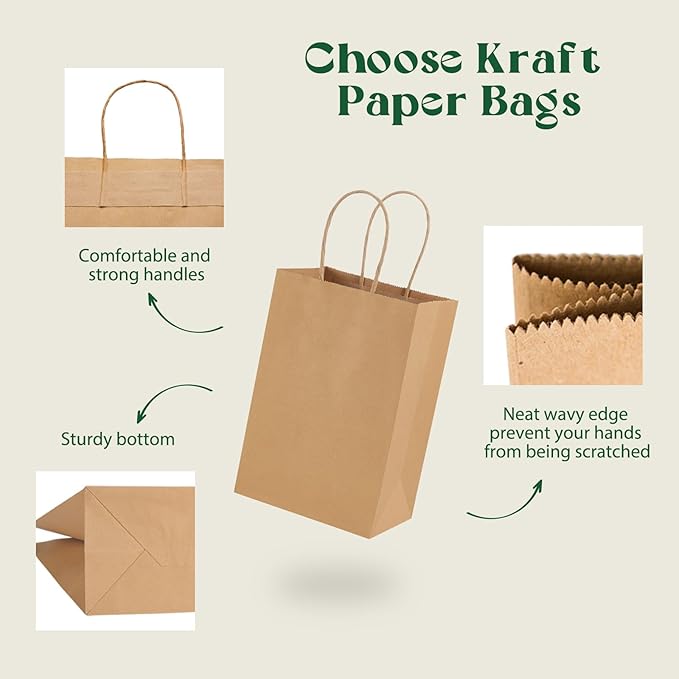 MESHA Brown Paper Bags 5.25x3.75x8 Inch Kraft Small Gift Bags with Handles Bulk,100 Pack for Small Business,Birthday Wedding Party Favor