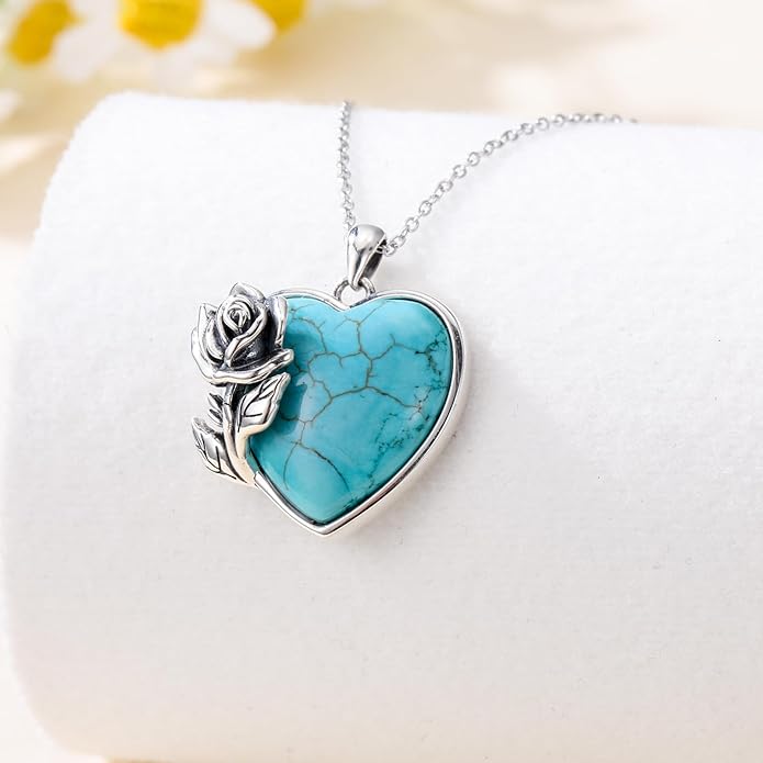 Genuine Turquoise Rose Necklace 925 Sterling Silver Heart Turquoise Pendant Vintage Southwestern Jewelry for Women