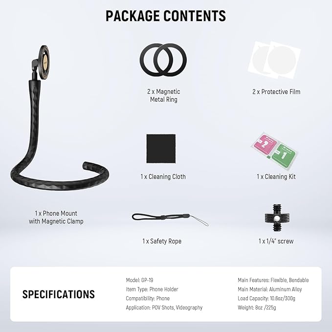 Neewer Magnetic Flexible Phone Holder with 1/4 Screw Adapter, Mini Bendable Tripod Stand Selfie Stick Compatible with MagSafe iPhone Samsung Android Cellphones for Handlebar/Treadmill/Stroller, GP-19