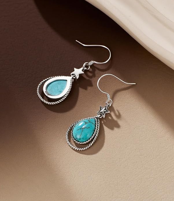 Boho Style Genuine Turquoise Earrings for Women 925 Sterling Silver Star Teardrop Gemstone Southwest Native Amerian Earring Jewelry for Her