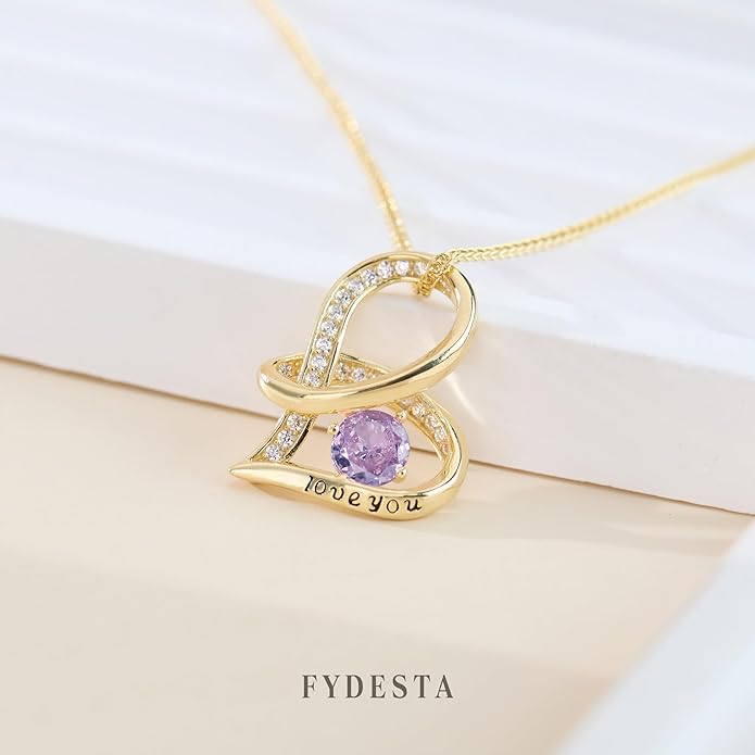 Enduring Hearts Purple Zircon Necklace for Women - 14K Gold Plated Copper Infinity Pendant, Dainty Everyday Jewelry