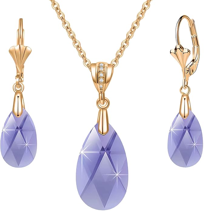 EVEVIC Austrian Crystals Teardrop Pendant Necklace Earrings for Women 14K Gold Plated Hypoallergenic Leverback Drop Dangle Earrings Jewelry Set