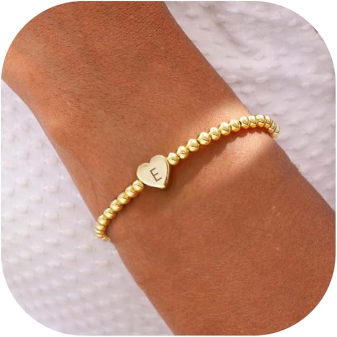 Valentines Day Gifts for Women Her - Dainty Beaded Heart Initial Bracelets Letter A-Z Charm Stretch Bead Ball Bracelet Trendy Jewelry Gifts
