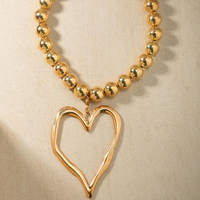 Unique Big Chunky Gold Heart Beads Necklace for Women, Charm Large Thick Hollow Love Heart Pendant Beaded Chain Choker Necklaces Party Y2K Jewelry Gift