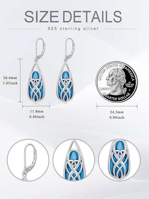 Teardrop Drop Dangle Earrings for Women 925 Sterling Silver Turquoise/Moonstone/White Opal Earrings Celtic Design Boho Jewelry Gifts for Mom Wife Sister