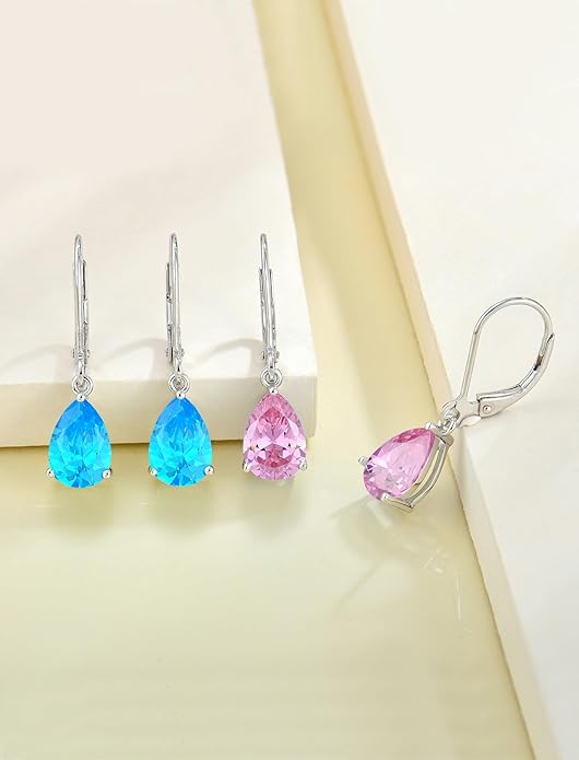 YL 925 Sterling Silver Teardrop Dangle Drop Earrings for Women 7x10 MM Solitaire Birthstone Leverback Jewelry