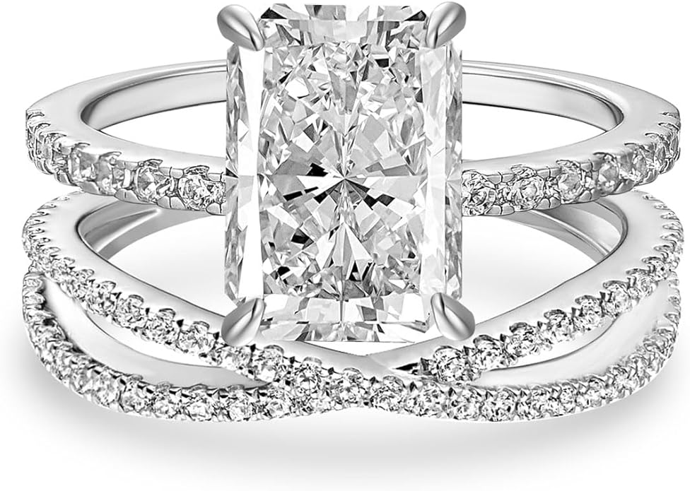 3.5CT Radiant Cut Engagement Ring Set for Women, S925 Silver X-Shaped Band 2-Piece Cubic Zirconia Bridal Wedding Ring Set