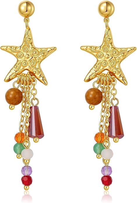 Boho Tassel Hoop Earrings for Women 14K Gold Pearl Earrings Dainty Colorful Bead Pendant Earrings Ethnic Style Statement Jewelry for Vacation Festival Party