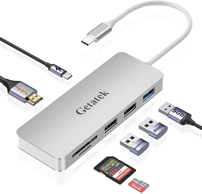USB C Hub, 7 Ports 1 USB C Multiport Adapter with 4K HDMI, 100W PD Charging, USB 3.0 5Gbps Data Port and 2 USB 2.0，TF/SD Card Reader, for MacBook Air, MacBook Pro, iPhone 15, iPhone 15 Pro Max