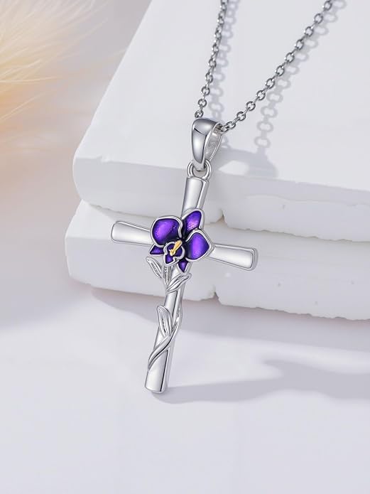 Flower Necklace Sunflower/Violet/Daffodil Necklace Sterling Silver Flower Cross Pendant Jewelry Gifts for Women