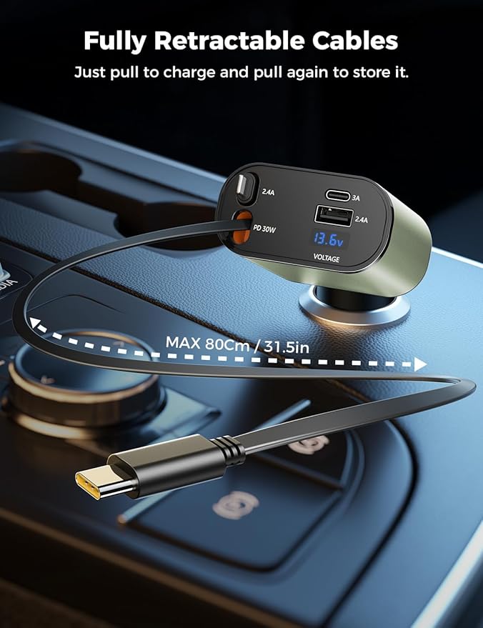 【Upgraded】 SUPERONE Retractable Car Charger 4 in 1, Fast Car Phone Charger with Cord 2.6ft, USB C and Apple Car Charger Adapter, Compatible with iPhone 15/15 Pro Max/14/13/12/11, Galaxy, Pixel