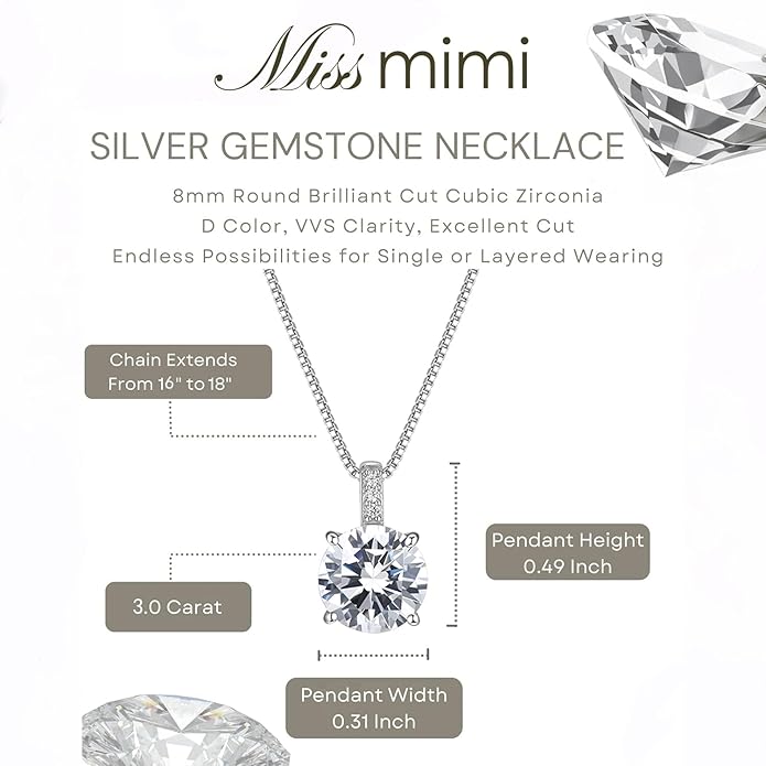 MISS MIMI Solitaire Cubic Zirconia Necklace for Women, 1–3 CT Round,Heart,Princess Cut CZ Options, Bezel or Prong Set in 925 Sterling Silver, Adjustable 16–20" Minimalist Everyday Jewelry