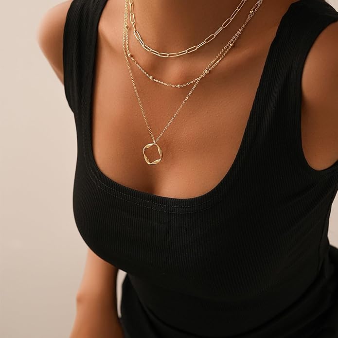 Women's Multi-Layered Gold Necklace, Stackable Delicate 14K Gold Plated Fashion Round Multi Layers Pendant Necklace, Gold Jewelry Set Gifts