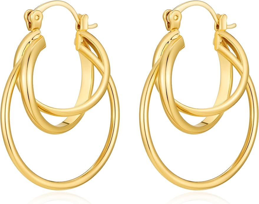 Layered Gold Hoop Earrings for Women 18K Gold Plated Triple Hoops Thin Intertwined Hoop Chic Statement Jewelry
