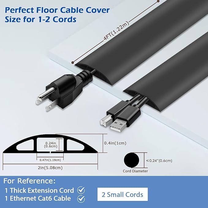 4ft Floor Cord Cover,Cord Hider Floor Black,Extension Cable Cover Power Cord Protector Floor,Floor Cable Management Prevent Cable Trips,Cord Protector Cord Cavity:0.47" (W) x 0.24" (H)