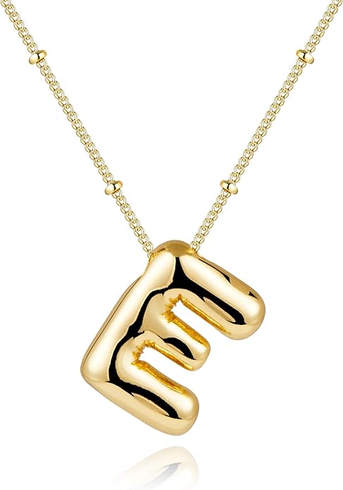 Inerney Valentines Day Gifts Gold Bubble Letter Necklace Initial Necklaces for Women, Chunky 14K Plated Balloon Initials, Trendy Charm Non Tarnish Custom Name Pendant Jewelry Gifts for Mom