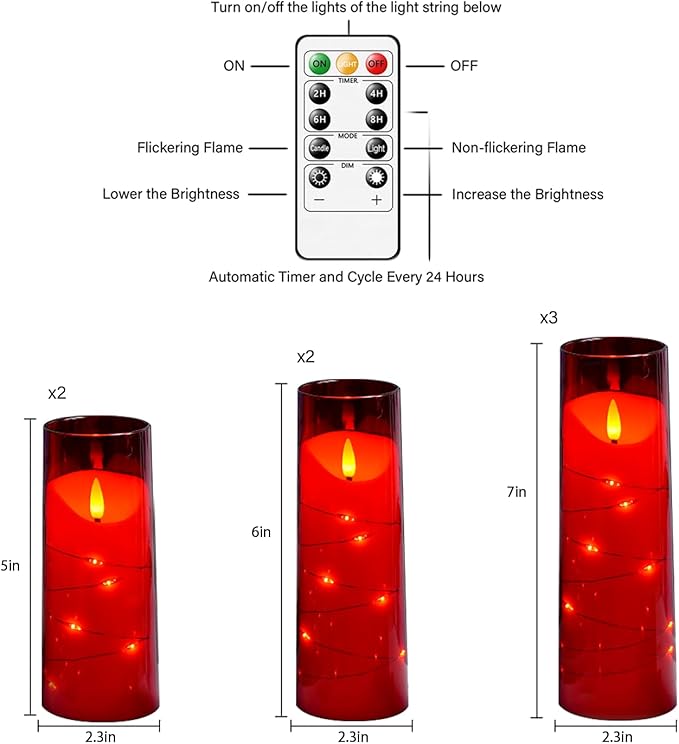 Flameless Candles with Embedded Star String, Battery Operated LED Pillar Candles with Timer and Remote Control,Home Decorating for Ambiance， Set of 9 (Red)