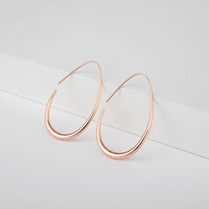 Lightweight Teardrop Hoop Earrings for Women - 14k Gold/White Gold Plated Large Oval Pull Through Hoop Earrings High Polished Statement Jewelry Gift for Women